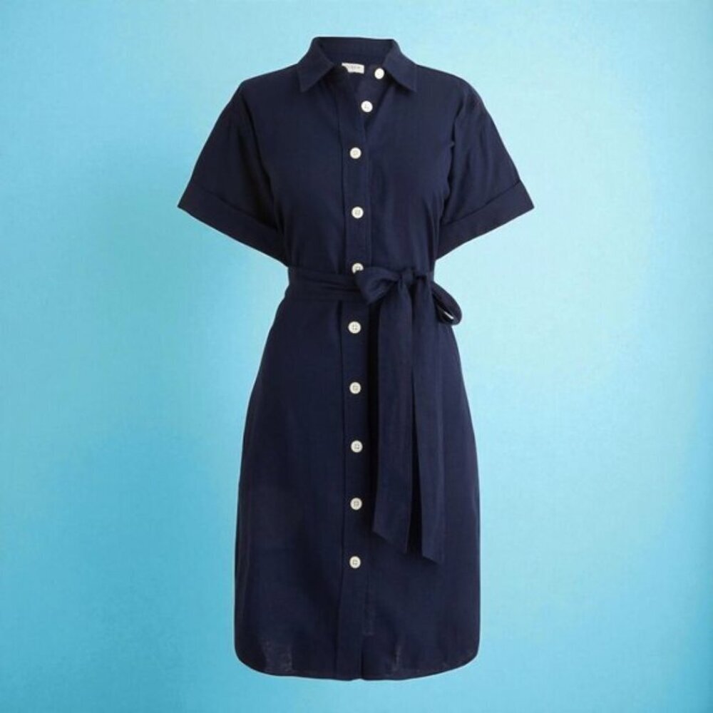 J. Crew Linen-blend belted mini shirtdress Size Medium Petite - Picture 3 of 9